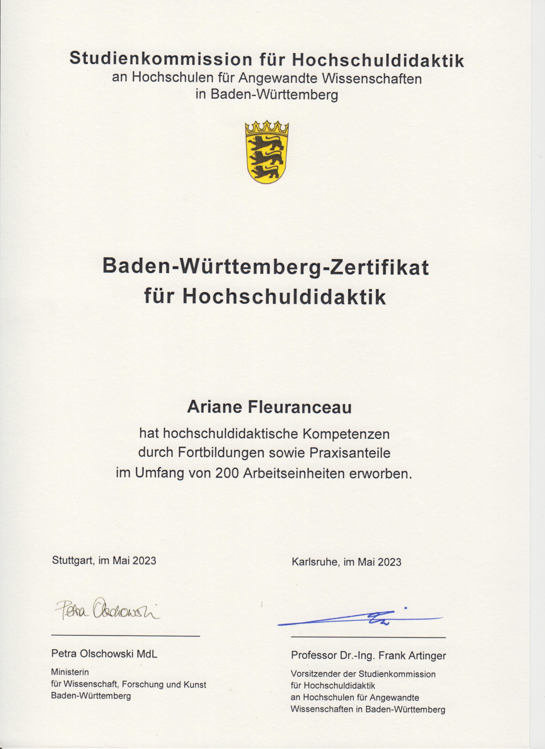 Baden-Württemberg-Zertifikat für Hochschuldidaktik GHD Ariane Fleuranceau